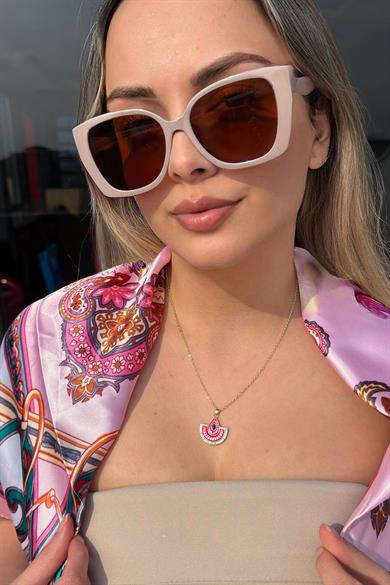 Altın Renk Pembe Mineli 14K Altın Kaplama Kolye