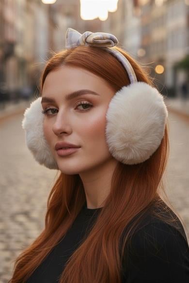 Krem Renk Ekose Desenli Peluş Kulaklık