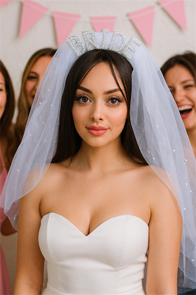 Beyaz Renk Bride Yazılı Duvak Detaylı Gelin Taç