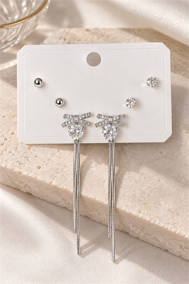 Gümüş Renk 6lı Taşlı Küpe Set