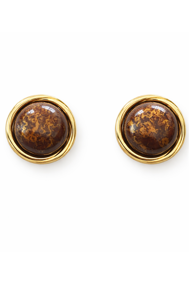 Altın Renk Kahverengi Taş Detaylı Küpe (Çift)