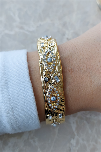 Altın Renk Göz Figürlü Taş Detaylı Çelik Kelepçe Bileklik