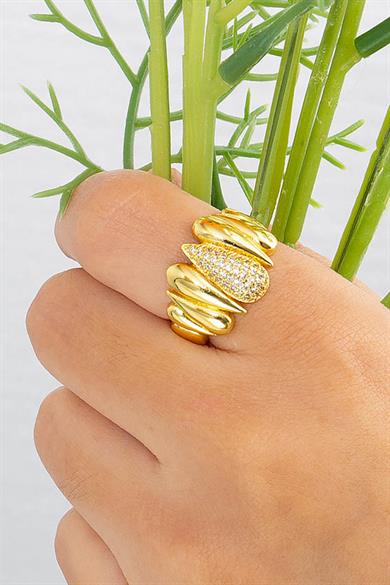 Altın Renk Taş Detaylı Ayarlanabilir Çelik Yüzük