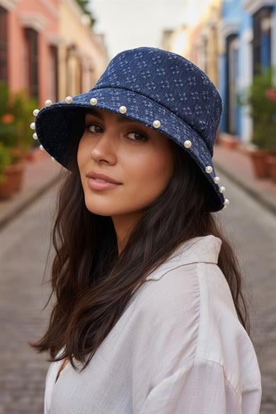 Mavi Renk İnci Detaylı Kot Tasarım Şapka