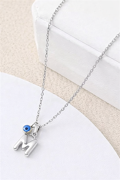 Gümüş Renk M Harf Çelik Kolye