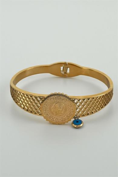 Altın Renk Çeyrek Figürlü Çelik Kelepçe Bileklik