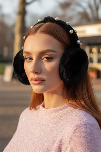 Siyah Renk İnci Detaylı Peluş Kulaklık