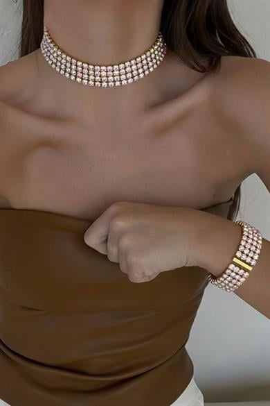 Altın Renk Taş Detaylı Choker Kolye Ve Bileklik Set