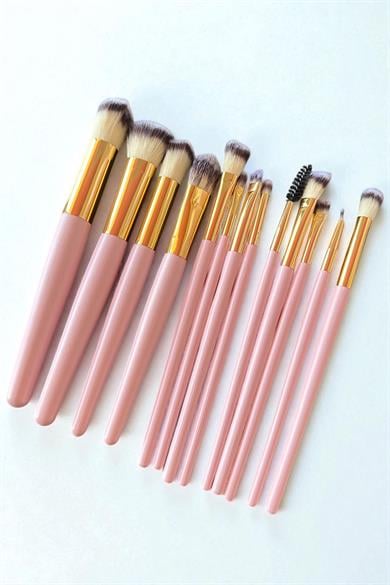 Pembe Renk Profesyonel 13lü Standlı Makyaj Fırça Seti