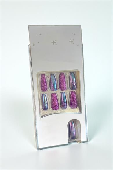 24lü Mor Renk Simli Ve Hologramlı Takma Tırnak (Yapıştırıcılı)