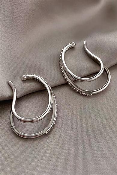 Gümüş Renk Taş Detaylı 14K Altın Kaplama TX Ear Cuff (Tek)