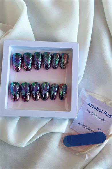 12li Mor Renk Karışık Figürlü Jel Görünümlü Takma Tırnak Set (Yapıştırıcılı)