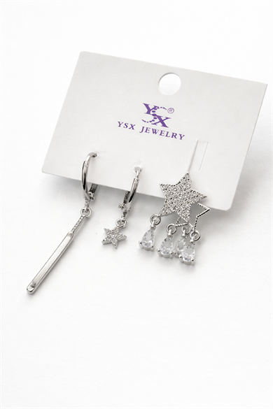 Gümüş Renk Yıldız Figürlü 3lü YSX Küpe Set