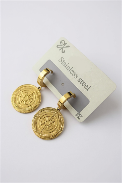 Altın Renk Pusula Figürlü Çelik Küpe (Çift)