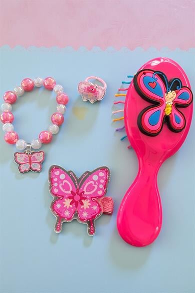 Fuşya Renk Kelebek Figürlü Tarak /Bileklik /Yüzük Ve Toka Set