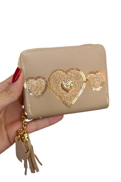 Bej Renk Kalp Detaylı Deri Kadın Cüzdan