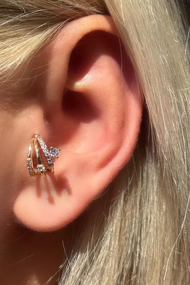 Altın Renk Taş Detaylı Çelik Tragus/Kıkırdak Küpe/Piercing (Tek)