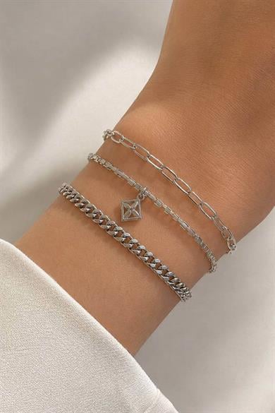 Gümüş Renk Zincir Detaylı 3lü Bileklik Set