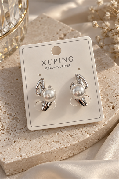 Gümüş Renk İnci Detaylı Xuping Küpe (Çift)
