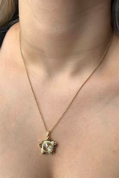 Altın Renk Çiçek Figürlü İçi Dönen Çelik Kolye