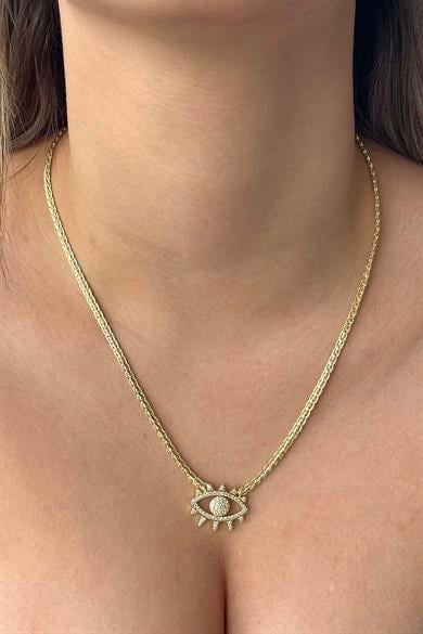 Altın Renk Göz Figürlü 14K Altın Kaplama Vip Taşlı Kolye