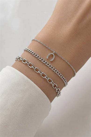 Gümüş Renk Nal Figürlü Zincir Detaylı 3lü Bileklik Set