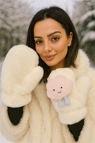 Beyaz Renk Bulut Figürlü Askılı Peluş Eldiven