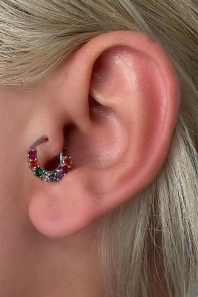 Gümüş Renk Taş Detaylı Çelik Halka Tragus/Kıkırdak Küpe/Piercing (Tek)