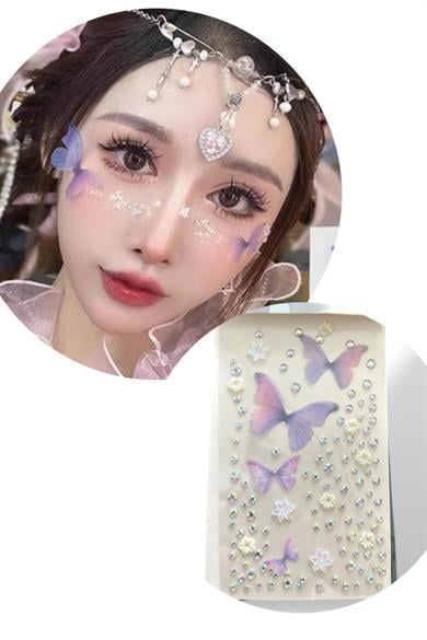 Mor Renk Kelebek Figürlü Taş Detaylı Yüz Taşı/ Yapışkanlı Taşlı Yüz Sticker