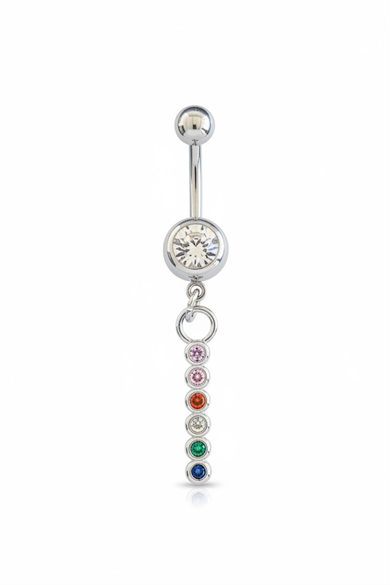 Gümüş Renk Taşlı Sallantılı Cerrahi Çelik Göbek Piercing