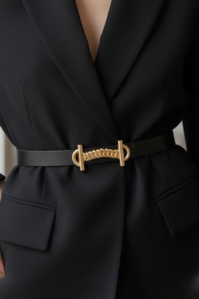 Altın Renk Deri Detaylı Kadın Kemer