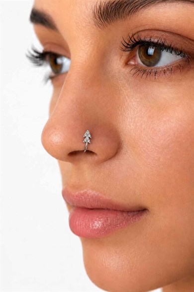 Gümüş Renk Taş Detaylı Cerrahi Çelik Deliksiz Kulak/Burun Piercing 