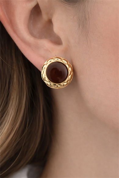 Altın Renk Kahverengi Taş Detaylı Küpe (Çift)