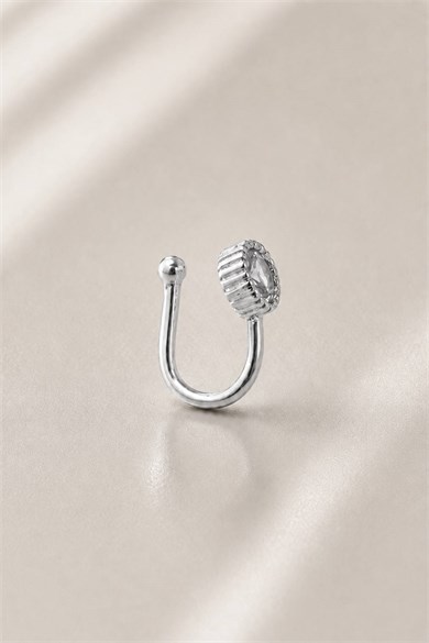 Gümüş Renk Taş Detaylı Cerrahi Çelik Deliksiz Kulak/Burun Piercing 