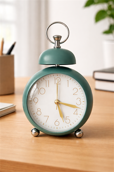 Turkuaz Renk Mini Dekoratif Işıklı Alarmlı Yuvarlak Masa Saati