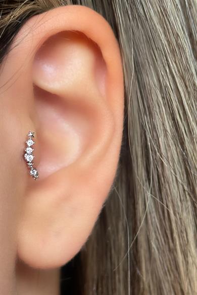 Gümüş Renk Taş Detaylı Çelik Tragus/Kıkırdak Küpe/Piercing (Tek)