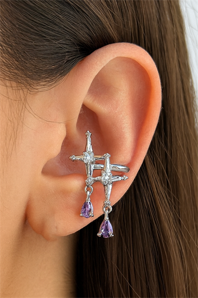 Gümüş Renk Yıldız Figürlü Taş Detaylı 14K Altın Kaplama TX Ear Cuff (Tek)