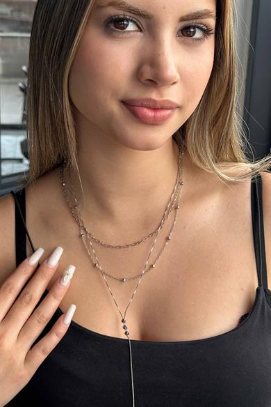 Gümüş Renk Taş Detaylı 14K Altın Kaplama VİP Y Kolye