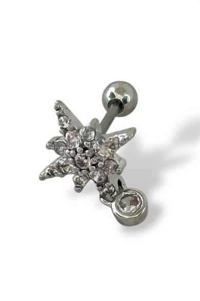 Gümüş Renk Yıldız Figürlü Taş Detaylı Çelik Tragus/Kıkırdak Küpe/Piercing (Tek)