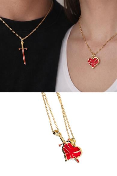 Altın Renk Kalp Ve Kılıç Figürlü İkili Çelik Sevgili Kolyesi