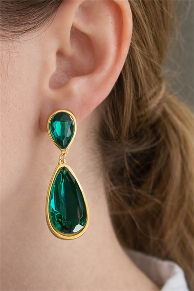 Altın Renk Yeşil Taş Detaylı Çelik Küpe (Çift)