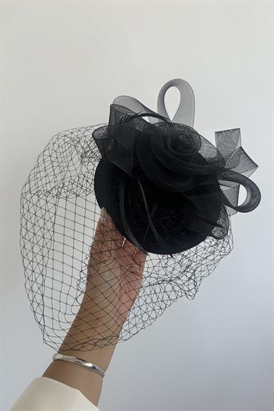 Siyah Renk Çiçek Detaylı Nikah Şapkası/Vualet Şapka