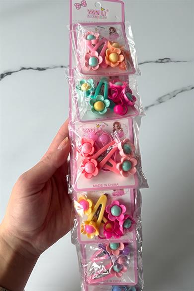 6lı Karışık Renk Çiçek Figürlü Lastik Toka Ve Yan Toka Set 