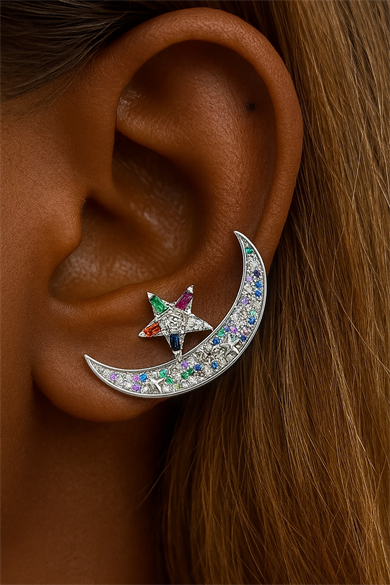 Gümüş Renk Ay Ve Yıldız Figürlü Taş Detaylı  Ear Cuff (Tek)
