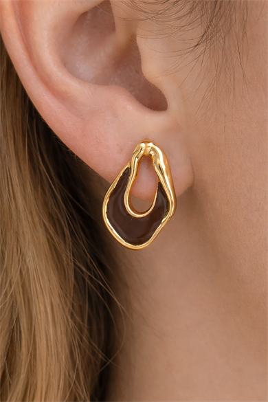 Altın Renk Kahverengi Taş Detaylı Küpe (Çift)