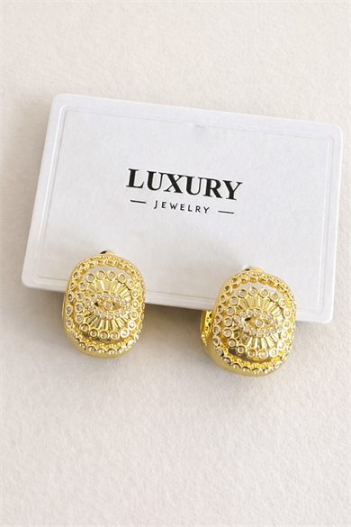 Altın Renk Göz Figürlü Taş Detaylı 14k Altın Kaplama Küpe (Çift)