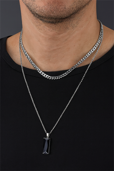 Gümüş Renk Taş Detaylı Erkek İkili Zincir Çelik Kolye 