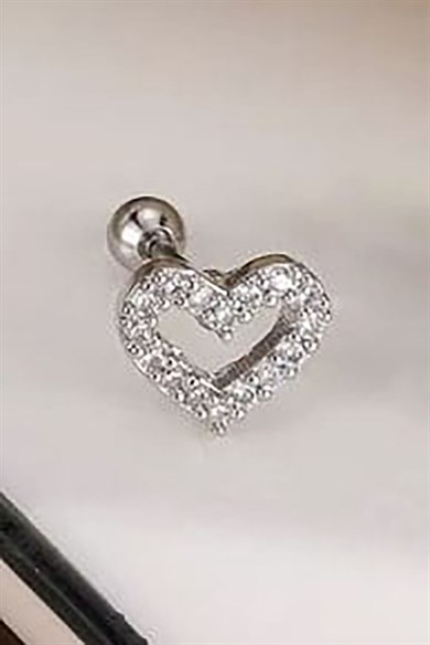 Gümüş Renk Kalp Figürlü Taşlı Cerrahi Çelik Tragus/Kıkırdak Küpe/Piercing (Tek)