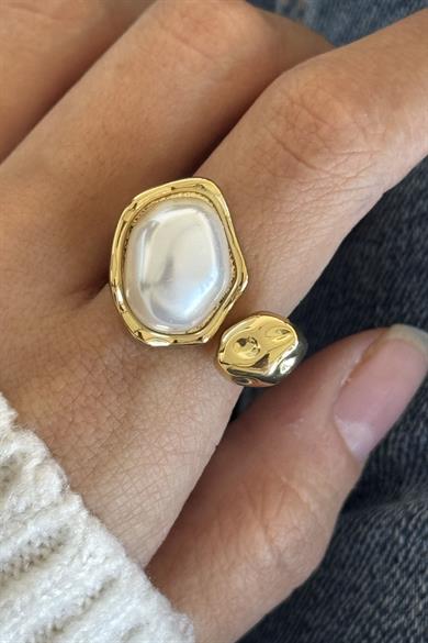 Altın Renk İnci Detaylı Ayarlanabilir Çelik Yüzük