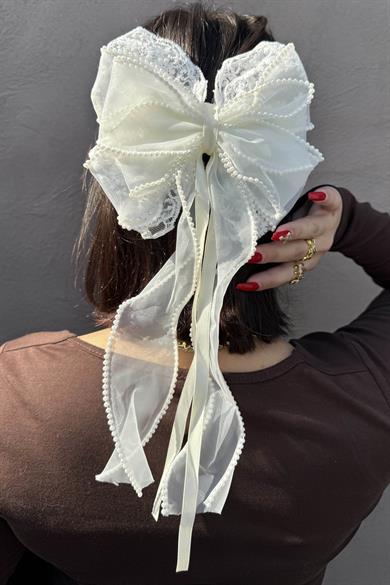 Krem Renk İnci Detaylı Otomat Toka